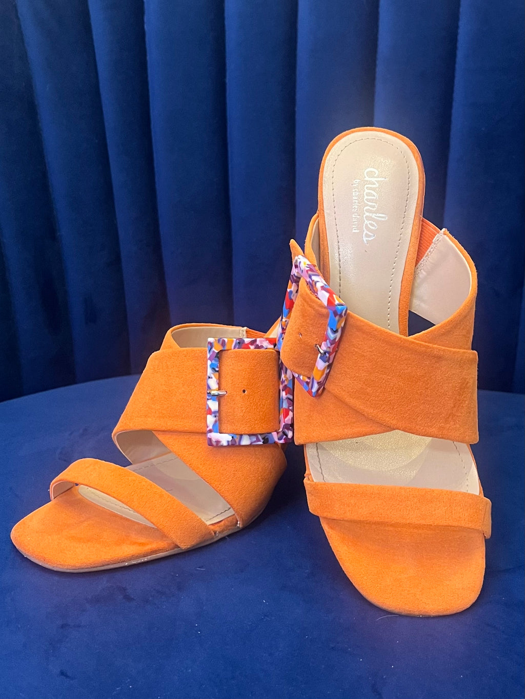 Charles by Charles David Orange Suede Mule Heels w Multicolor Resin Buckle – Size 6.5
