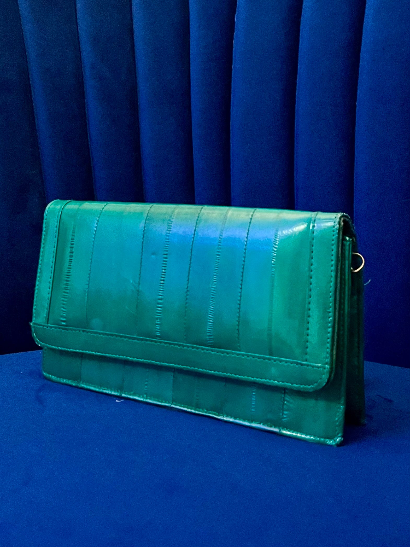 Emerald Green Eel Skin Crossbody Clutch w Mirror | Glossy Exotic Leather Bag