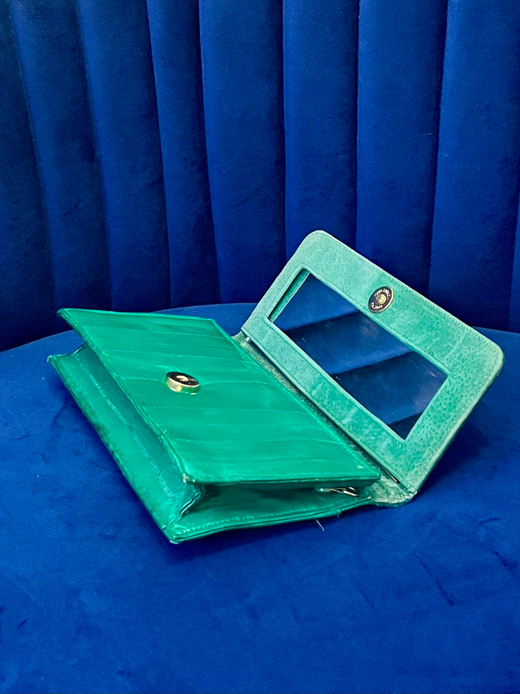 Emerald Green Eel Skin Crossbody Clutch w Mirror | Glossy Exotic Leather Bag