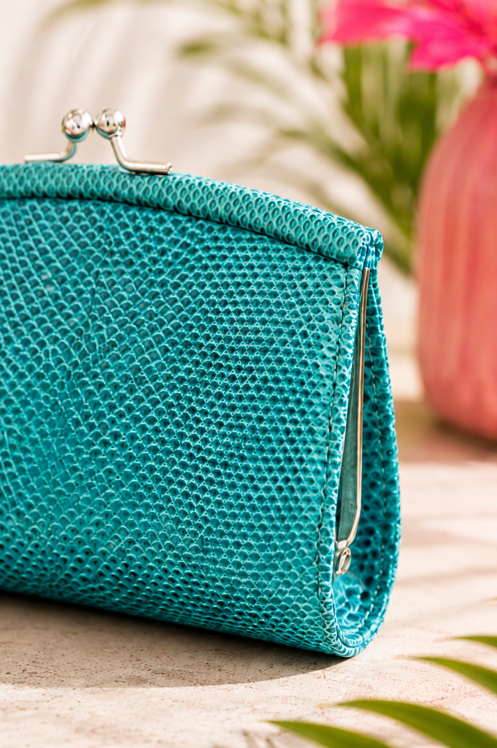 Judith Leiber Teal Karung Lizard Wallet – Crystal Kiss Lock Coin Purse