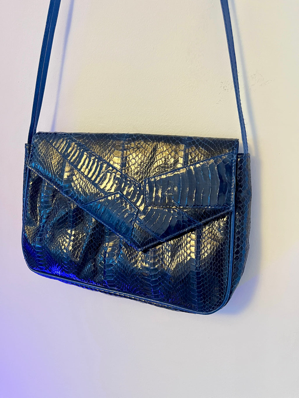Vintage Genuine Python Leather Midnight Blue Envelope Clutch & Shoulder Bag