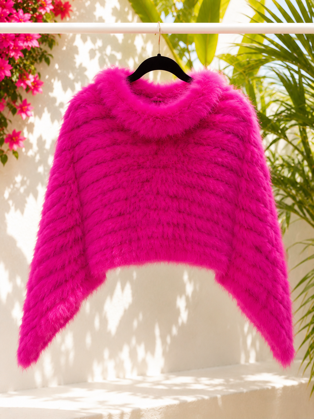 Hot Pink Genuine Rabbit Fur Shawl Wrap Capelet | Luxe Statement Real Fur Poncho