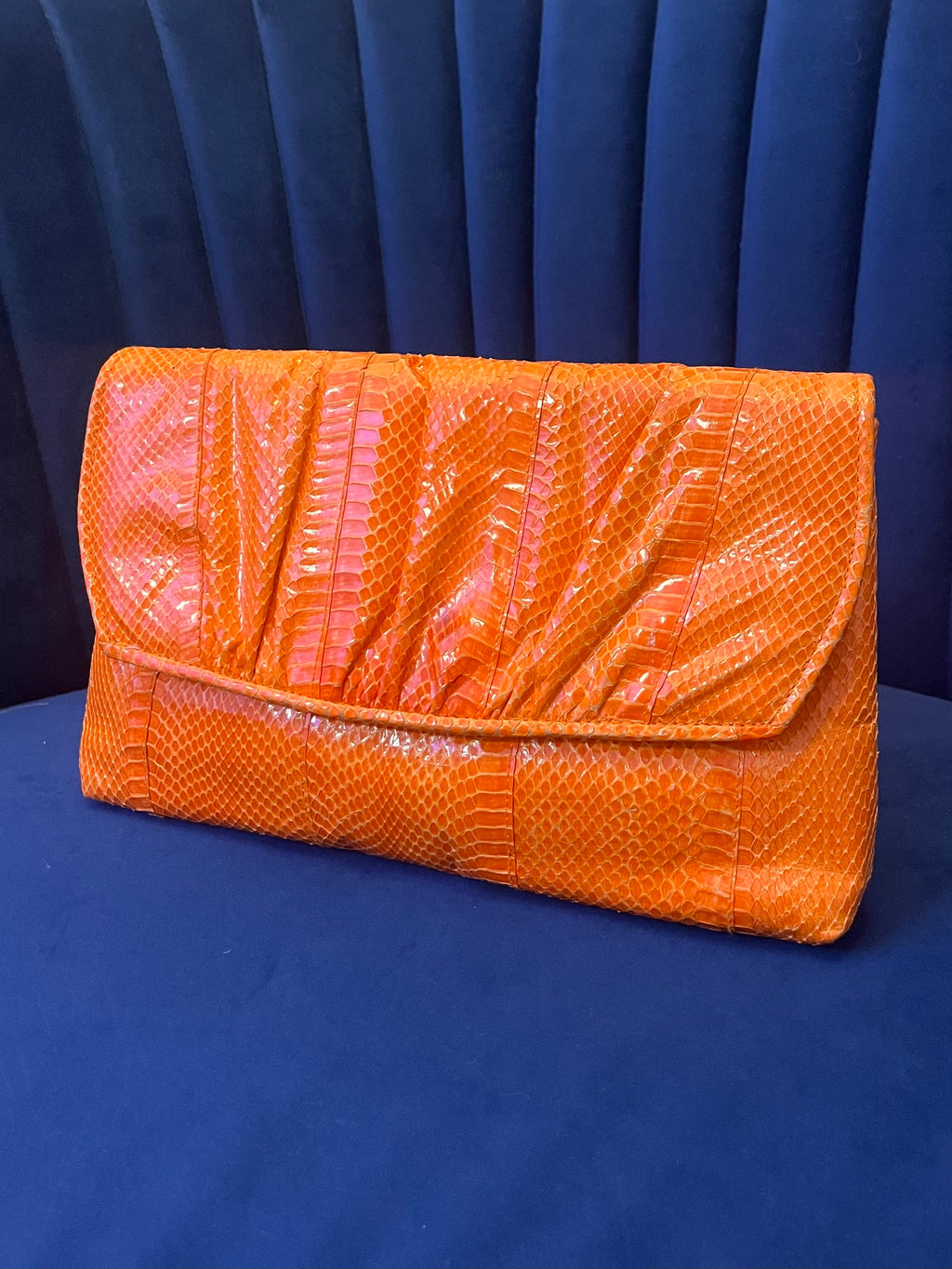 Vintage Genuine Snakeskin Bag - Bright Orange Exotic Leather Clutch - Y2K