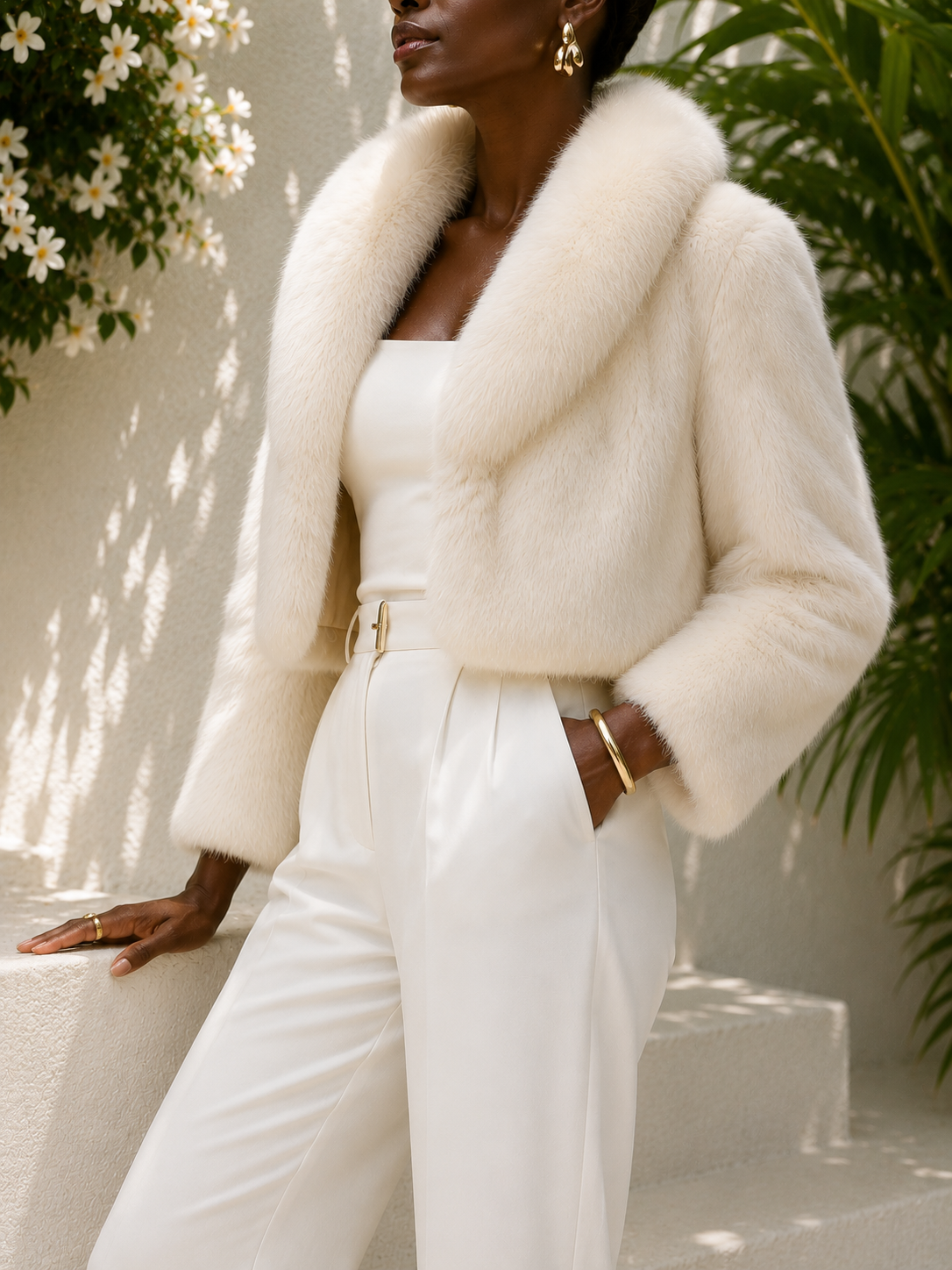 Genuine Rabbit Fur Jacket with Fox Fur Collar – Ivory White Cropped Luxury Coat