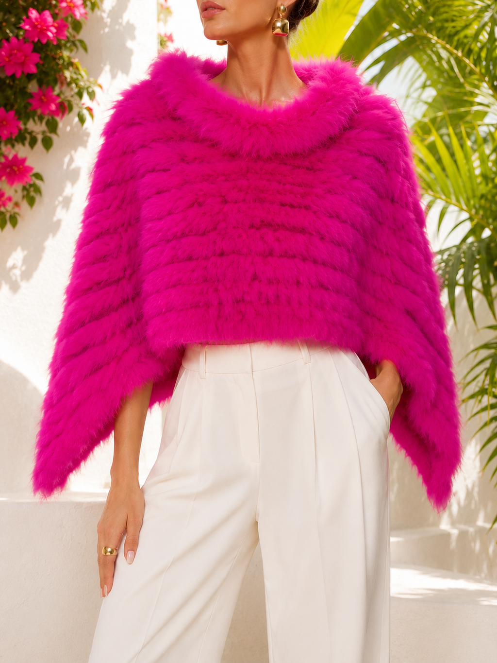 Hot Pink Genuine Rabbit Fur Shawl Wrap Capelet | Luxe Statement Real Fur Poncho