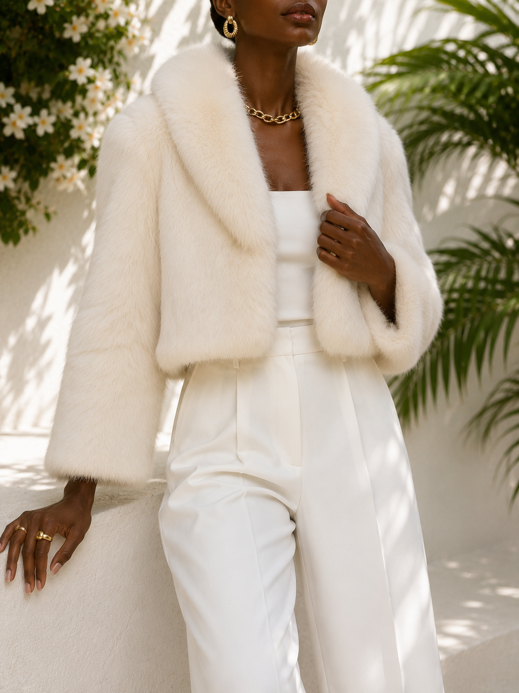 Genuine Rabbit Fur Jacket with Fox Fur Collar – Ivory White Cropped Luxury Coat
