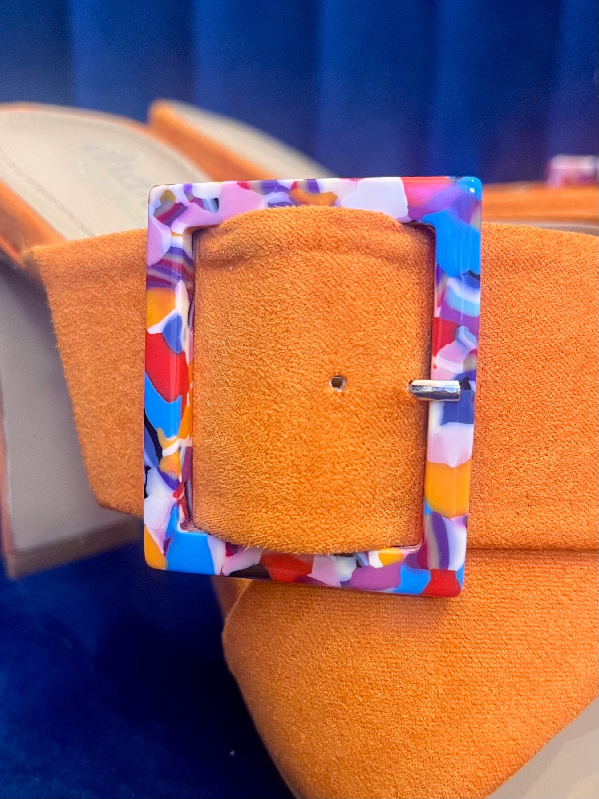 Charles by Charles David Orange Suede Mule Heels w Multicolor Resin Buckle – Size 6.5
