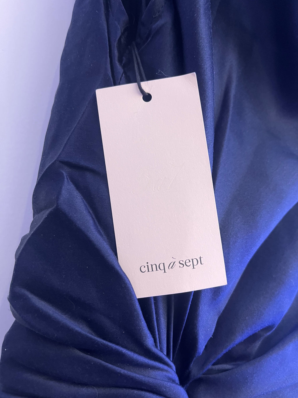 Cinq à Sept “Paige” Navy Silk Draped Midi Dress – Size 00 Elegant Cocktail