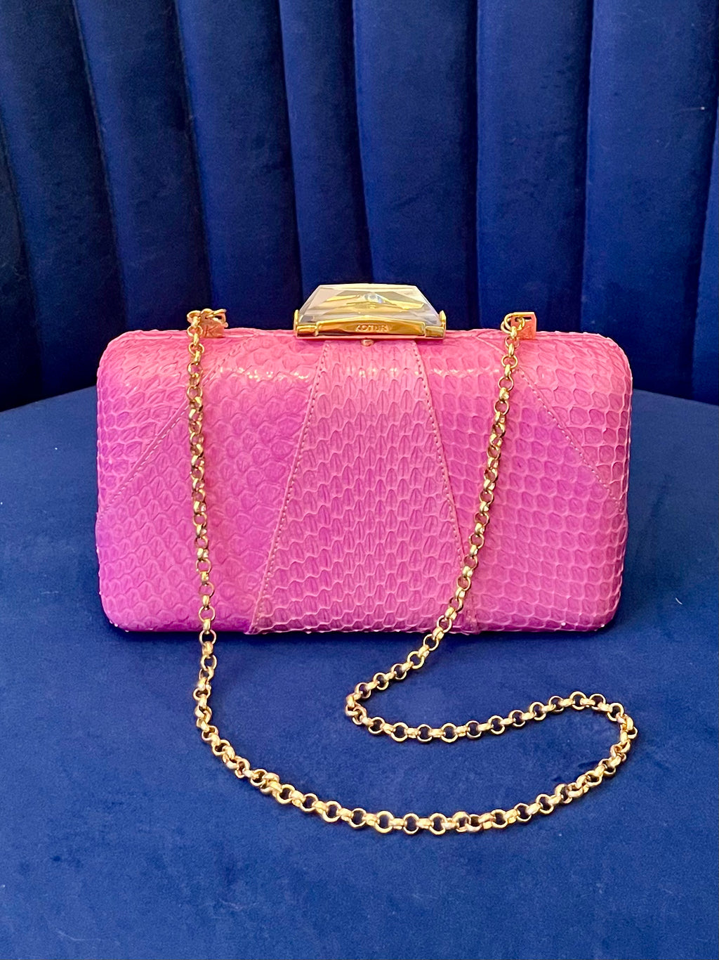 Kotur Pink Snakeskin Clutch w Crystal Clasp – Exotic Leather & Chain Strap