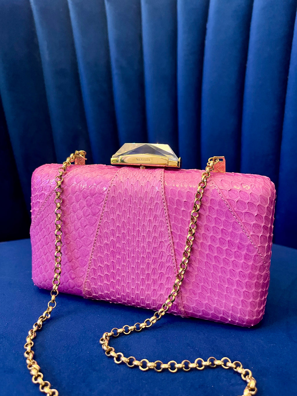 Kotur Pink Snakeskin Clutch w Crystal Clasp – Exotic Leather & Chain Strap