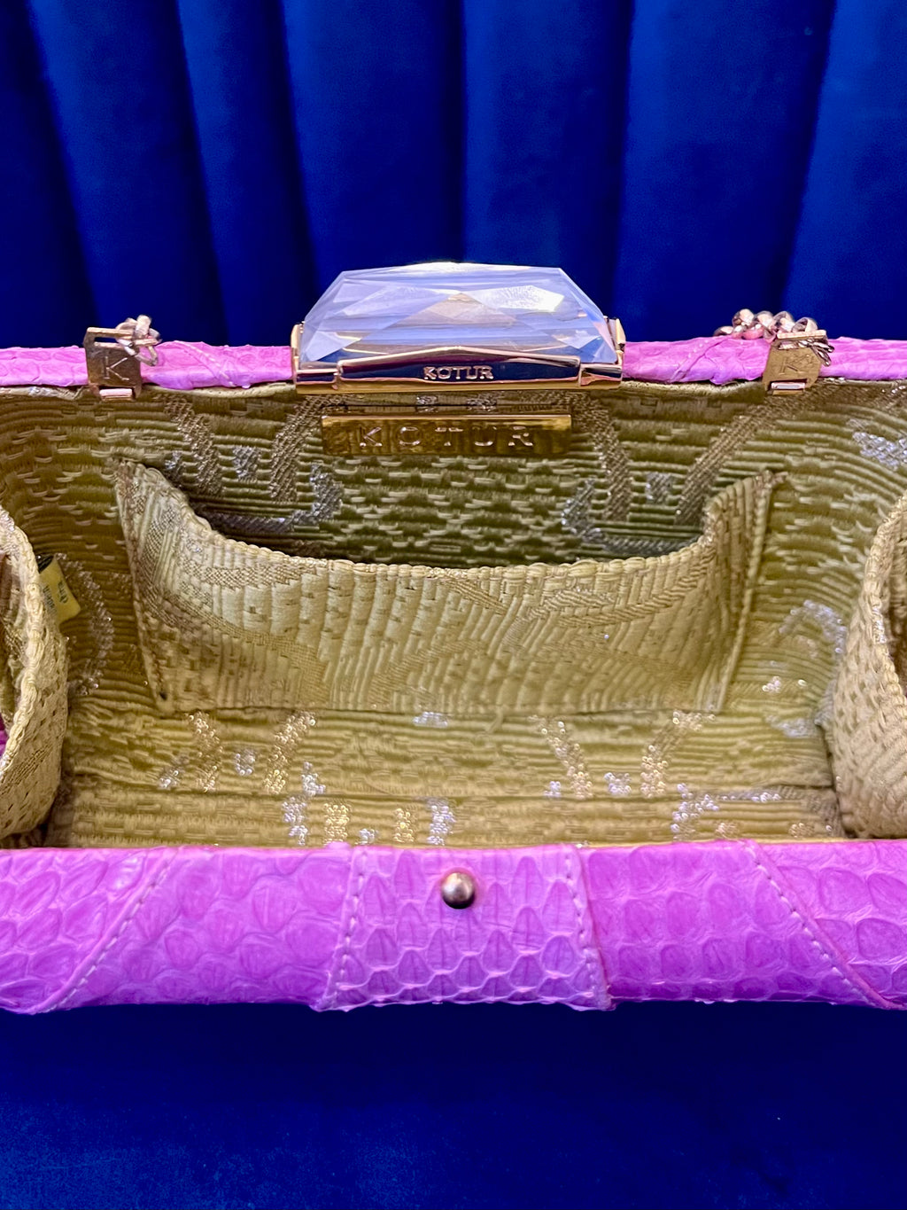 Kotur Pink Snakeskin Clutch w Crystal Clasp – Exotic Leather & Chain Strap