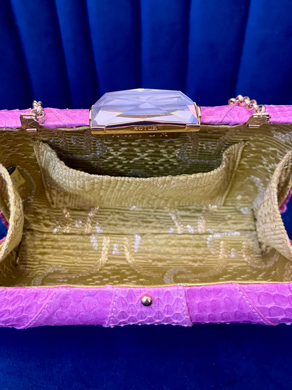 Kotur Pink Snakeskin Clutch w Crystal Clasp – Exotic Leather & Chain Strap