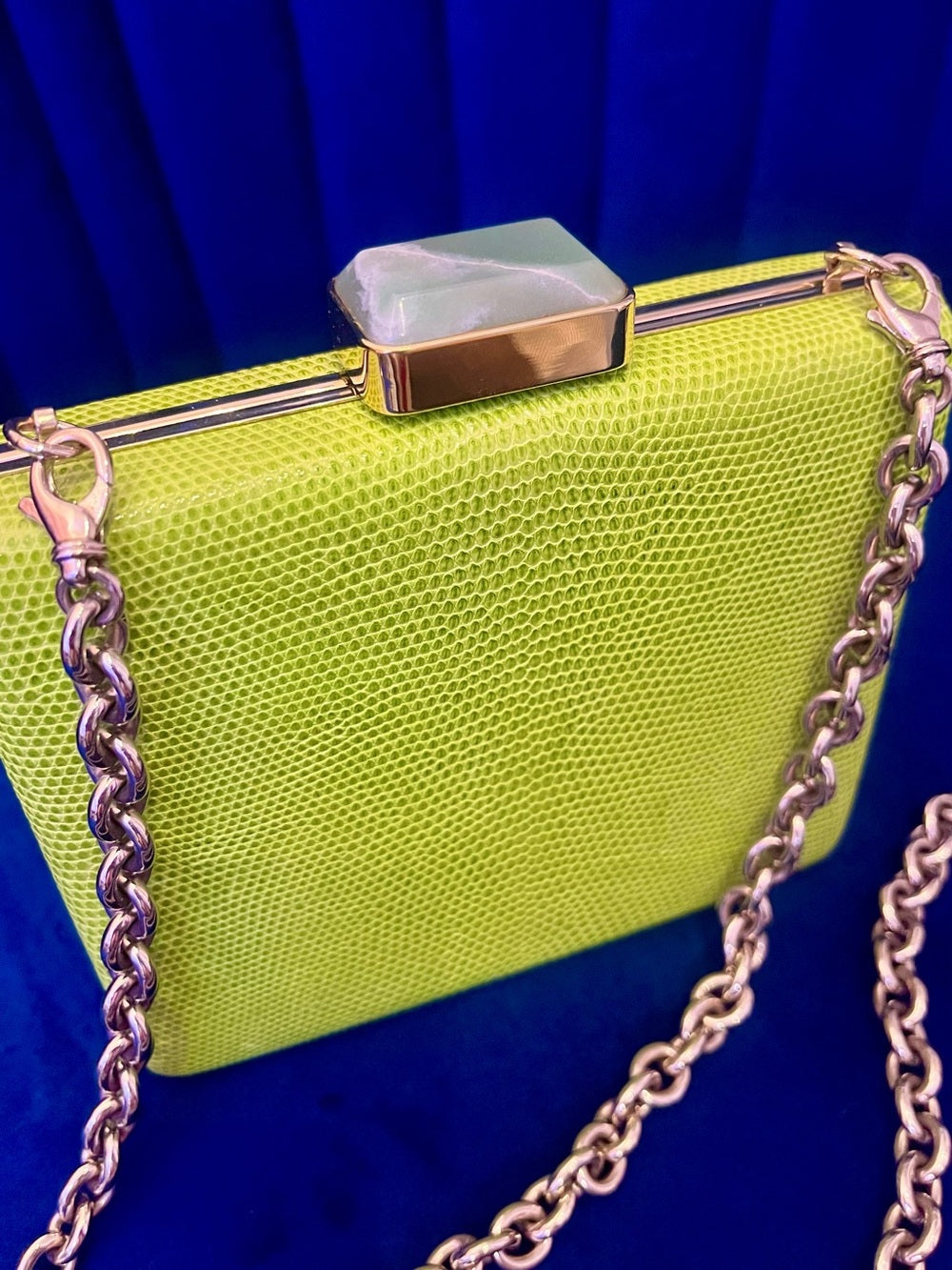 Alexandra Clancy Lime Green Lizard Leather Clutch – Gemstone Box Bag w Chain — luxury handbag proportions and shape