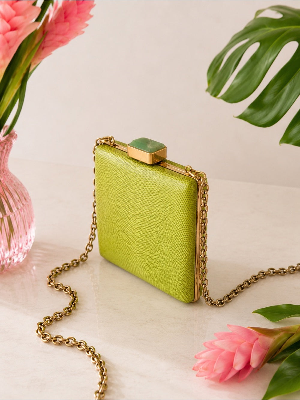 Alexandra Clancy Lime Green Lizard Leather Clutch – Gemstone Box Bag w Chain — structured purse profile and gusset