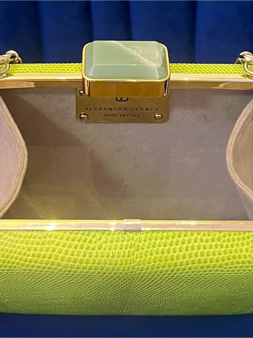 Alexandra Clancy Lime Green Lizard Leather Clutch – Gemstone Box Bag w Chain — bag closure fastening and edge finish