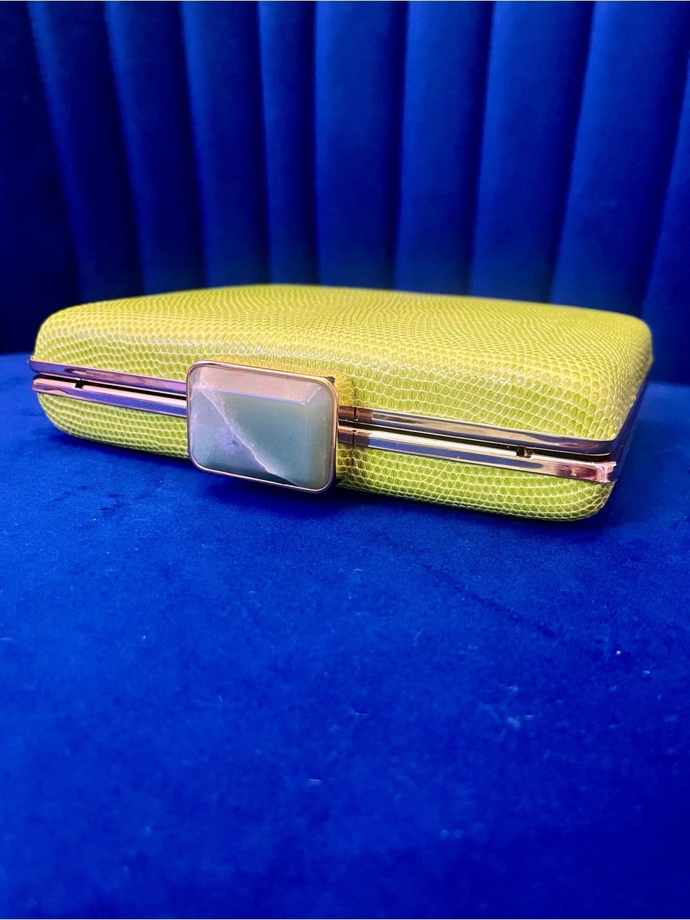 Alexandra Clancy Lime Green Lizard Leather Clutch – Gemstone Box Bag w Chain — interior pocket and designer label