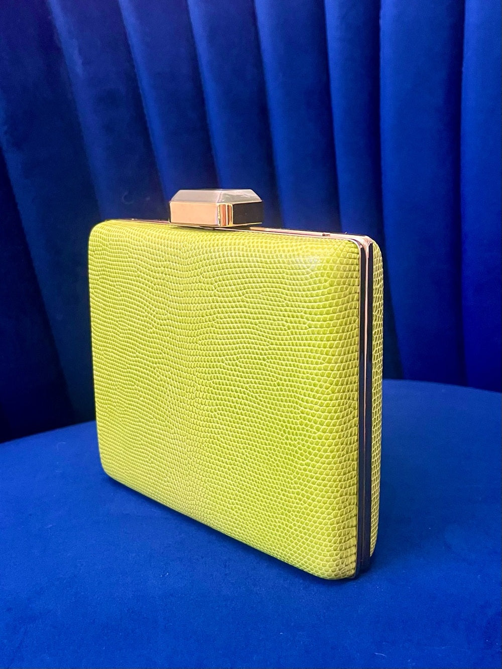 Alexandra Clancy Lime Green Lizard Leather Clutch – Gemstone Box Bag w Chain — signature designer hardware and metalwork