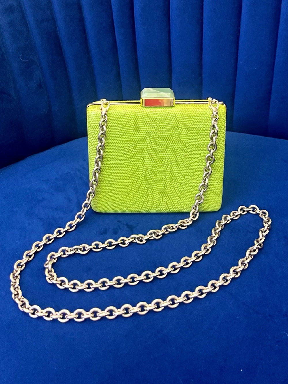 Alexandra Clancy Lime Green Lizard Leather Clutch – Gemstone Box Bag w Chain — corner piping and leather edge detail
