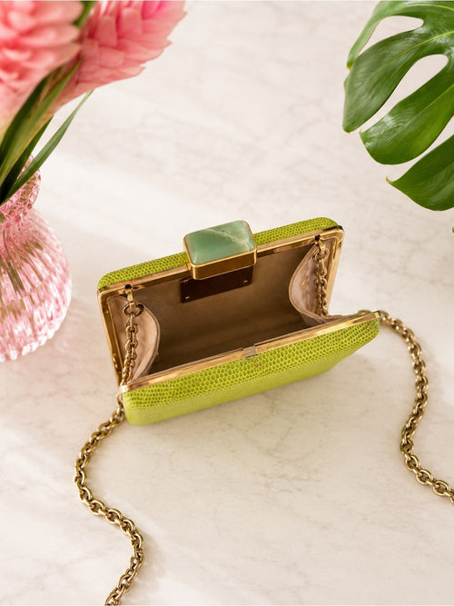 Alexandra Clancy Lime Green Lizard Leather Clutch – Gemstone Box Bag w Chain — luxury leather bag back panel construction