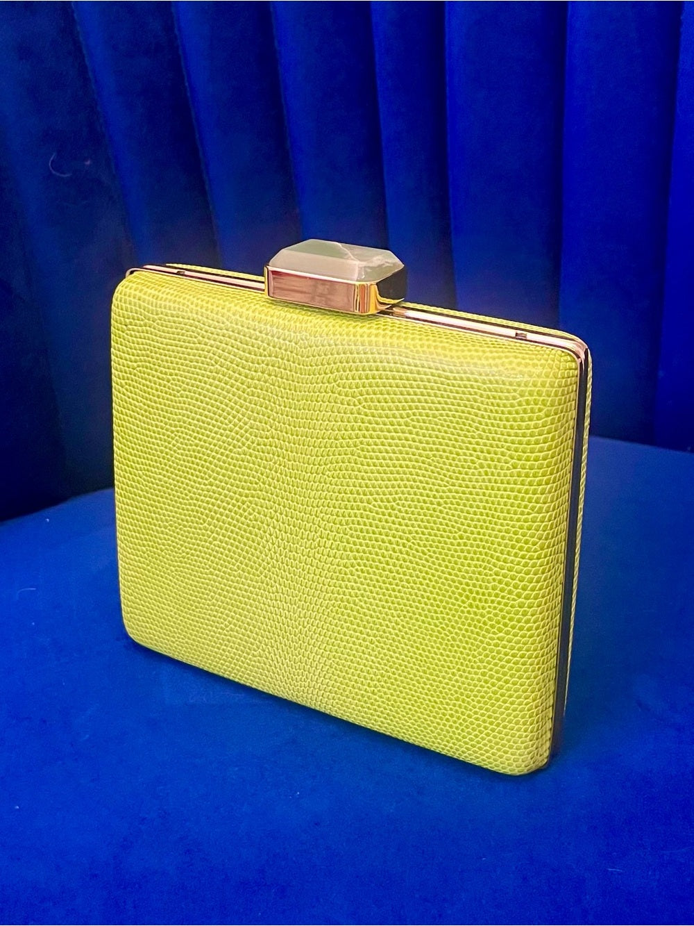 Alexandra Clancy Lime Green Lizard Leather Clutch – Gemstone Box Bag w Chain — natural leather grain and texture closeup