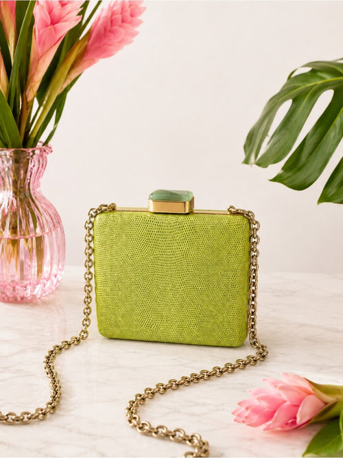 Alexandra Clancy Lime Green Lizard Leather Clutch – Gemstone Box Bag w Chain — designer exotic leather handbag silhouette