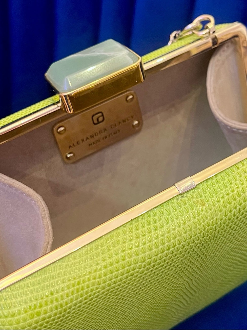 Alexandra Clancy Lime Green Lizard Leather Clutch – Gemstone Box Bag w Chain — designer logo branding and craftsmanship
