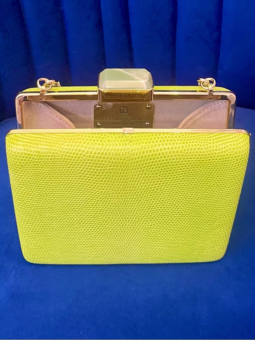 Alexandra Clancy Lime Green Lizard Leather Clutch – Gemstone Box Bag w Chain — top handle and shoulder strap attachment