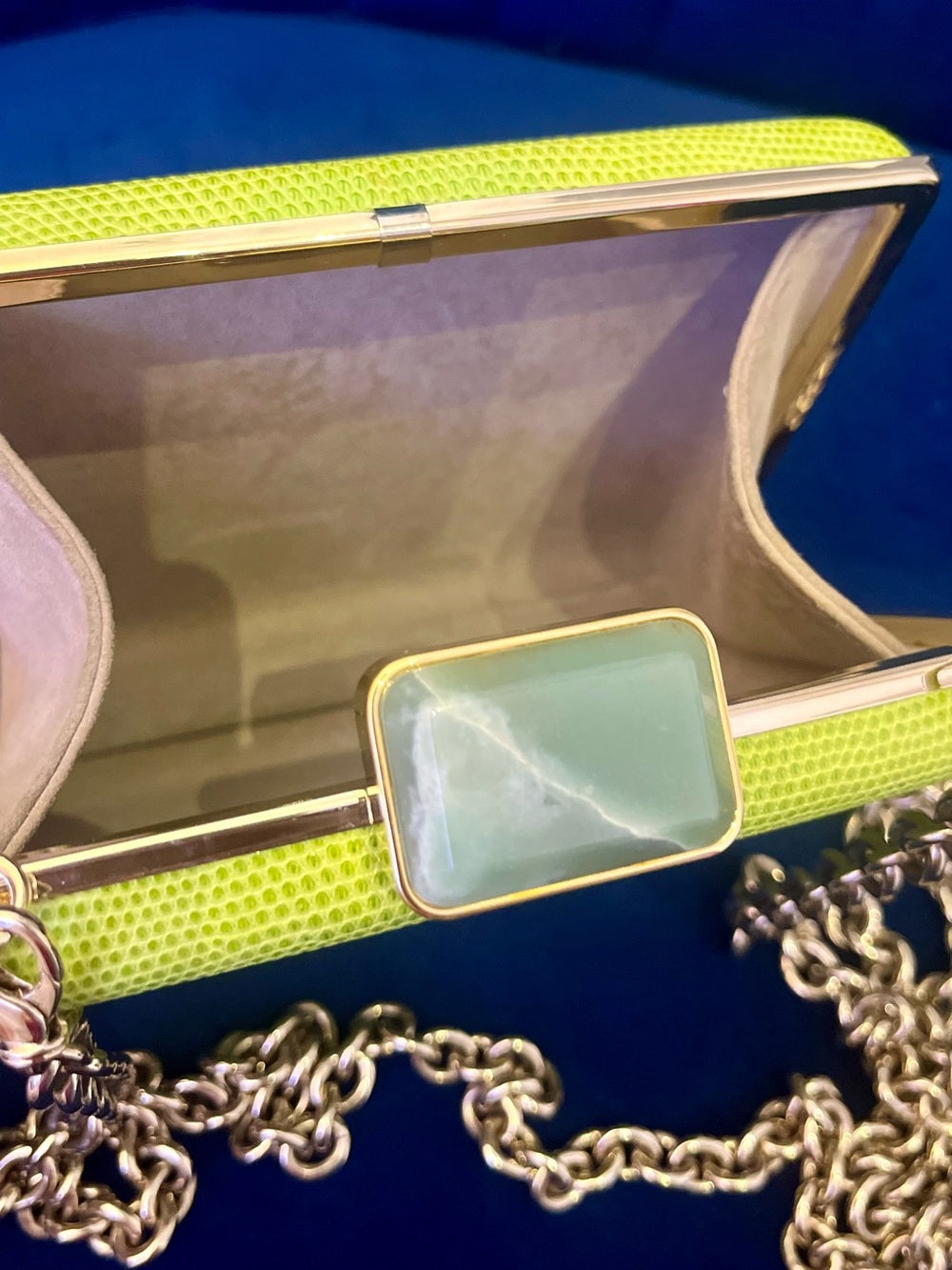 Alexandra Clancy Lime Green Lizard Leather Clutch – Gemstone Box Bag w Chain — exotic skin pattern and color variation