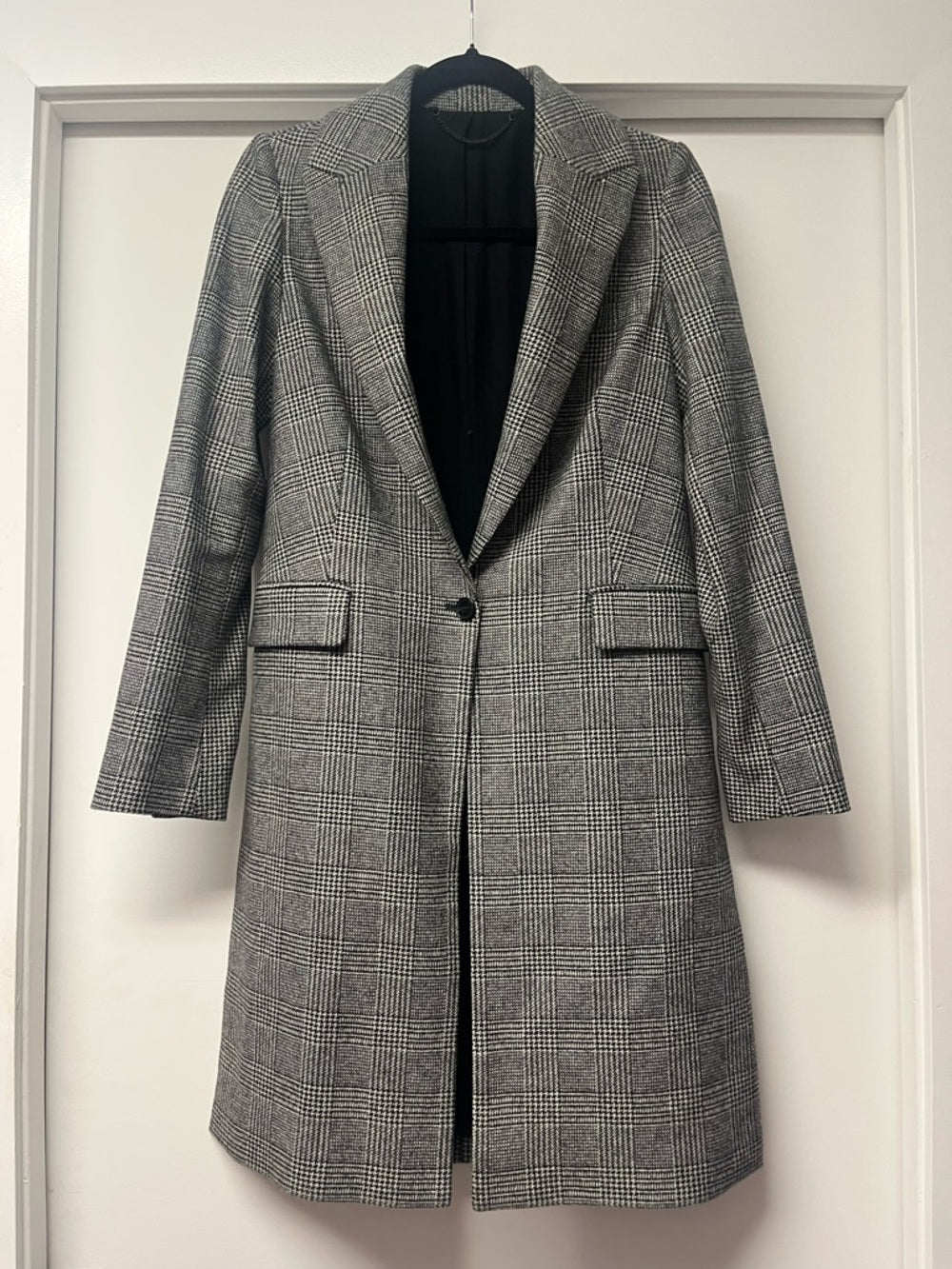 AllSaints Tamia Check Wool-Blend Duster Black/Gray Plaid Long Single-Button Coat — fashion back design and construction