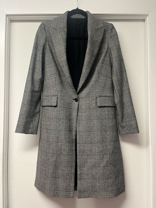 AllSaints Tamia Check Wool-Blend Duster Black/Gray Plaid Long Single-Button Coat — fashion back design and construction