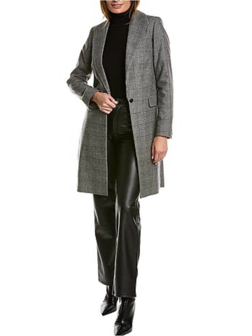 AllSaints Tamia Check Wool-Blend Duster Black/Gray Plaid Long Single-Button Coat — hemline and garment finish