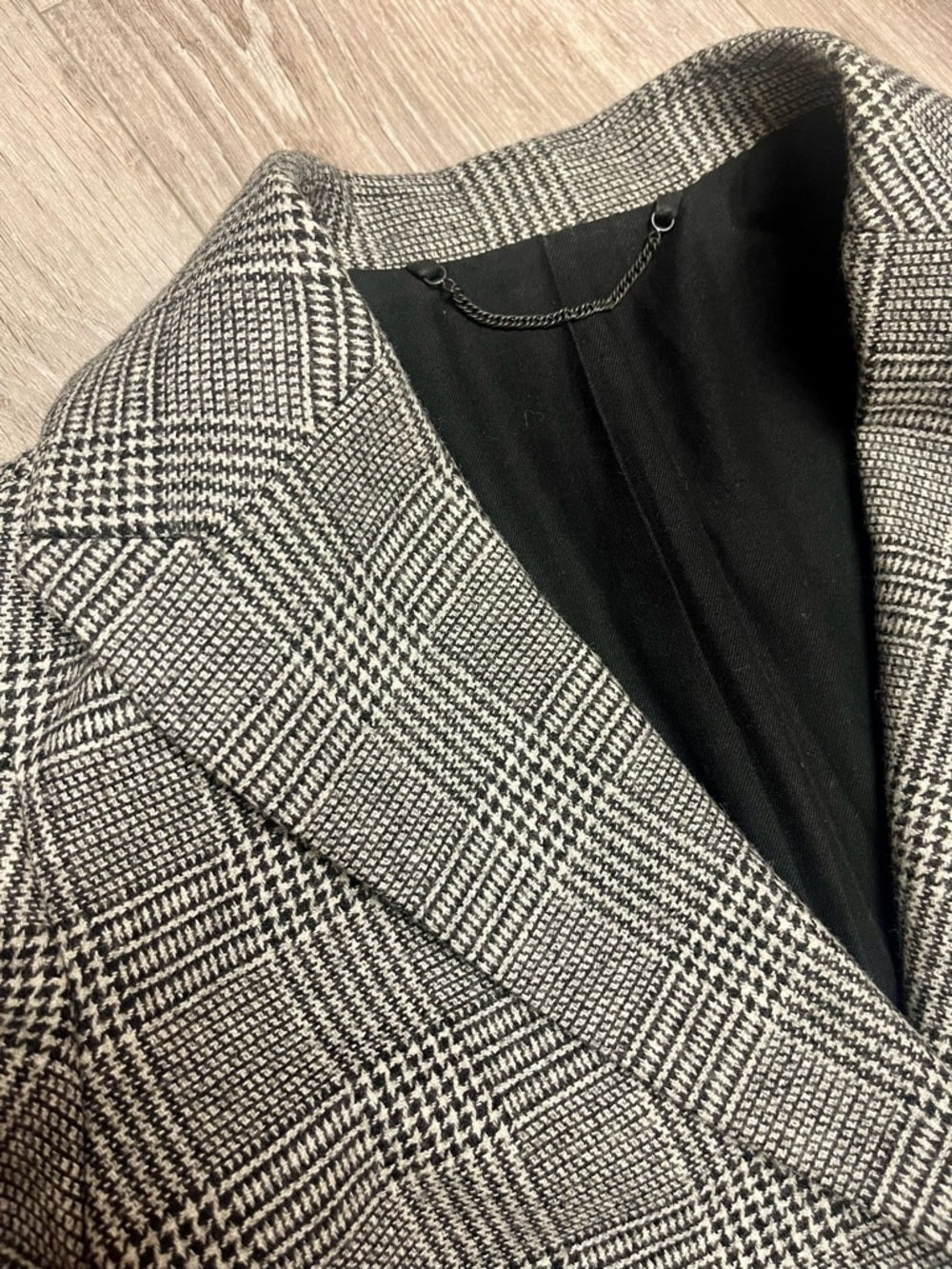 AllSaints Tamia Check Wool-Blend Duster Black/Gray Plaid Long Single-Button Coat — fabric texture and material closeup