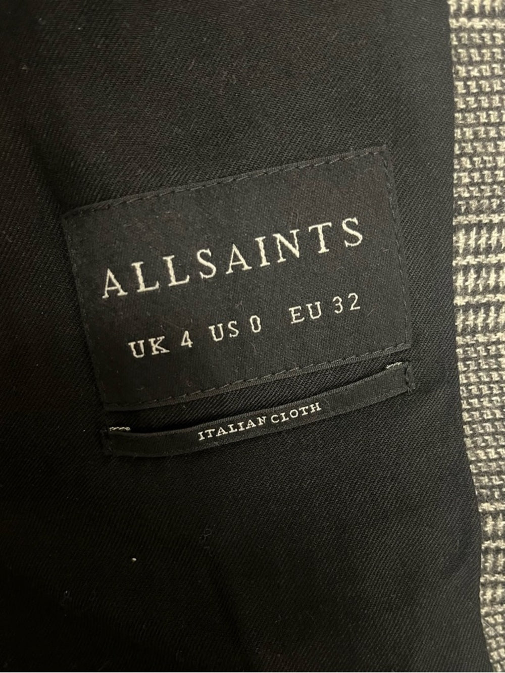 AllSaints Tamia Check Wool-Blend Duster Black/Gray Plaid Long Single-Button Coat — waist shaping and draped construction