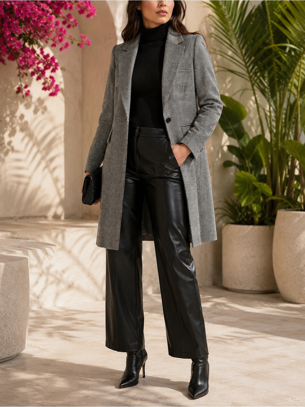 AllSaints Tamia Check Wool-Blend Duster Black/Gray Plaid Long Single-Button Coat — designer garment full silhouette and fit