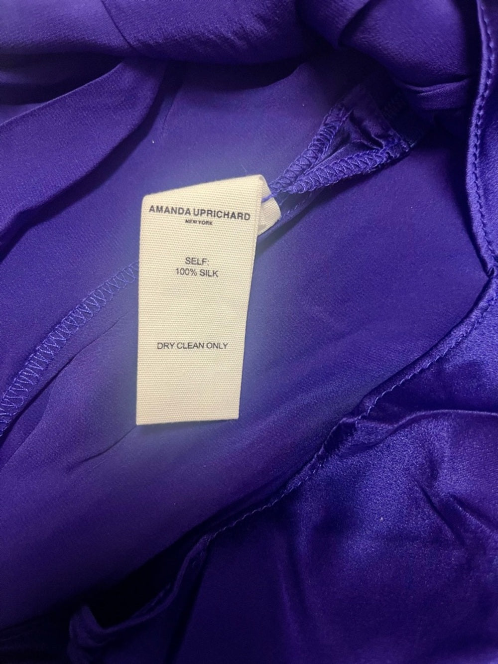 Amanda Uprichard Fiorella Silk Ruched Mini Dress in Deep Purple — embellishment embroidery or print closeup