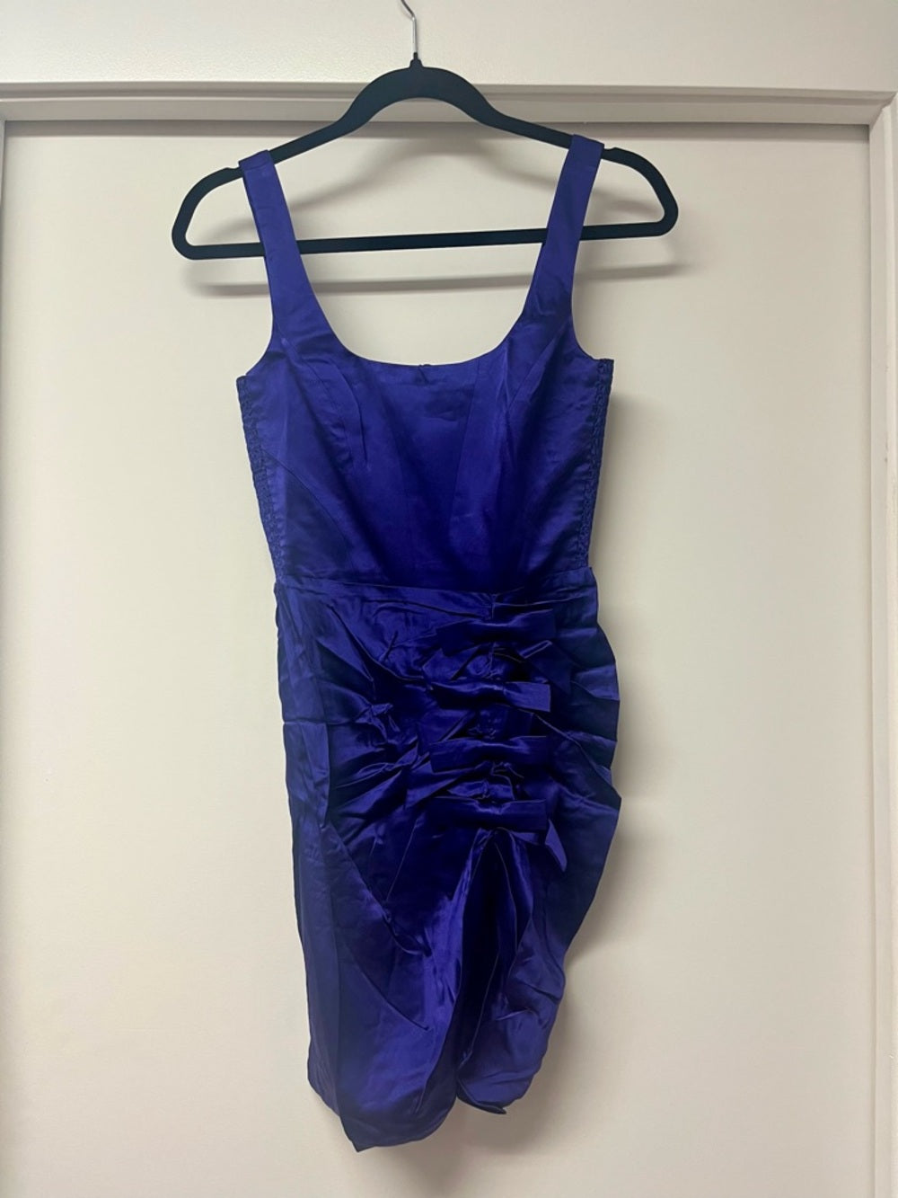 Amanda Uprichard Fiorella Silk Ruched Mini Dress in Deep Purple — garment side drape and proportions