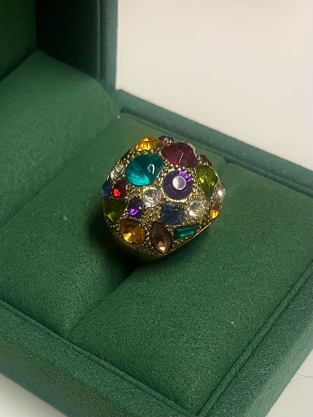 Anthropologie Gold-Tone Dome Statement Ring with Multicolored Vibrant Crystals — designer accessory stone cut detail