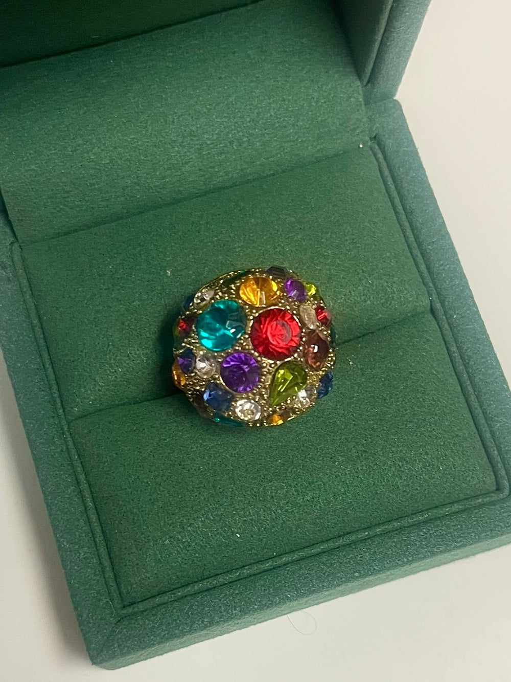 Anthropologie Gold-Tone Dome Statement Ring with Multicolored Vibrant Crystals — designer jewelry sparkle closeup