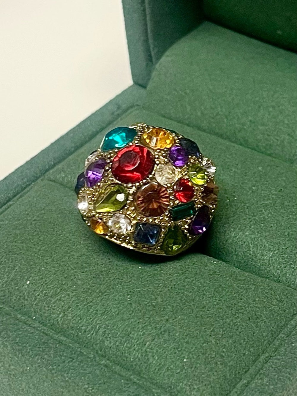 Anthropologie Gold-Tone Dome Statement Ring with Multicolored Vibrant Crystals — multicolor crystal arrangement closeup