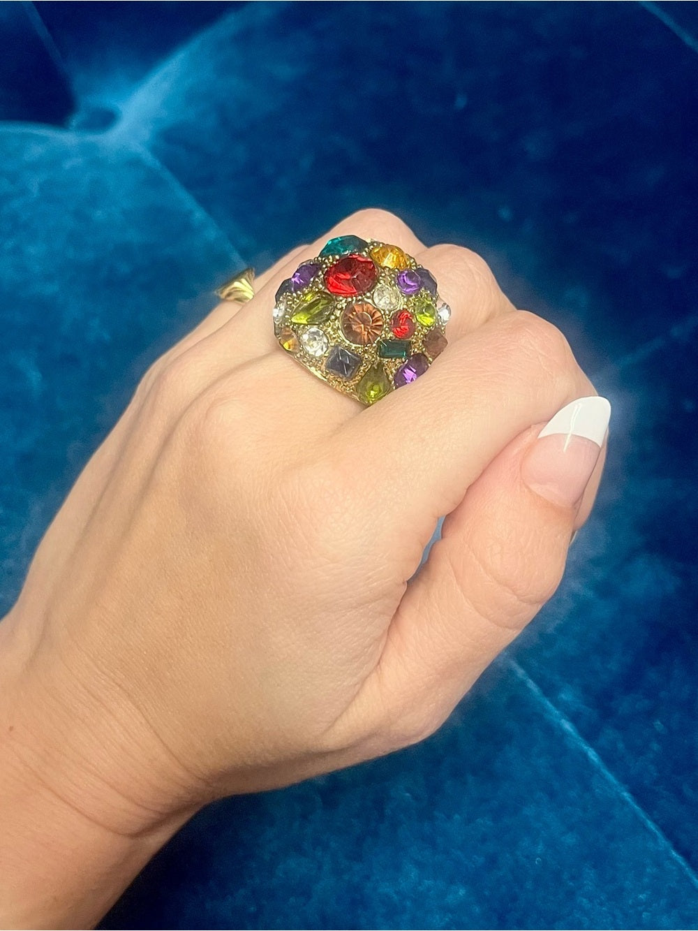 Anthropologie Gold-Tone Dome Statement Ring with Multicolored Vibrant Crystals — statement jewelry crystal color combination (additional view 2)