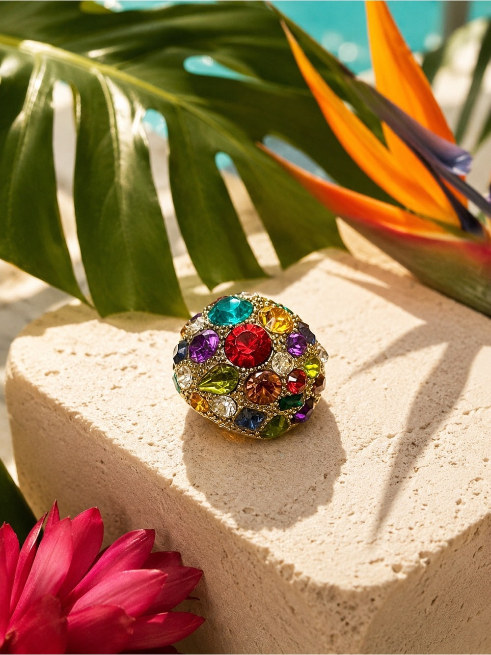 Anthropologie Gold-Tone Dome Statement Ring with Multicolored Vibrant Crystals — statement jewelry crystal color combination