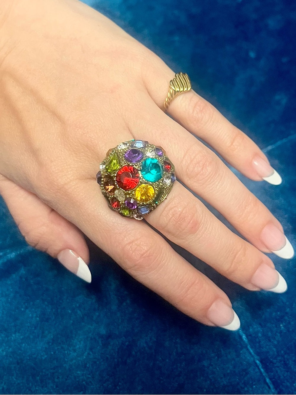 Anthropologie Gold-Tone Dome Statement Ring with Multicolored Vibrant Crystals — faceted stones and gold tone setting (additional view 2)