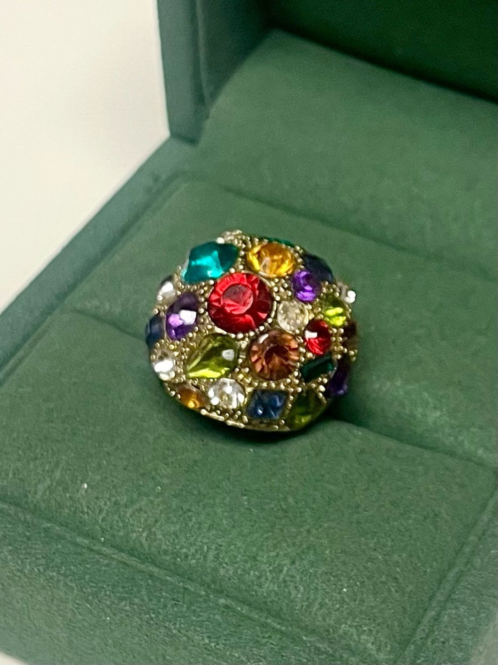 Anthropologie Gold-Tone Dome Statement Ring with Multicolored Vibrant Crystals — faceted stones and gold tone setting