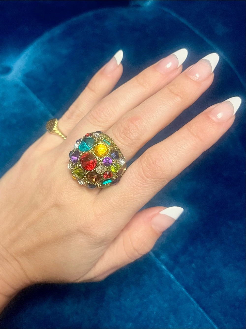 Anthropologie Gold-Tone Dome Statement Ring with Multicolored Vibrant Crystals — gemstone cluster and metalwork detail (additional view 2)