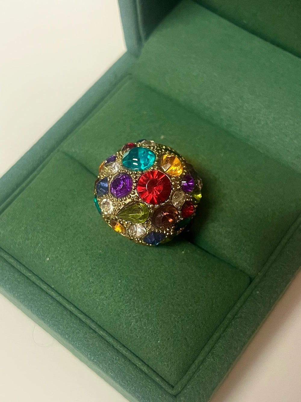 Anthropologie Gold-Tone Dome Statement Ring with Multicolored Vibrant Crystals — gemstone cluster and metalwork detail
