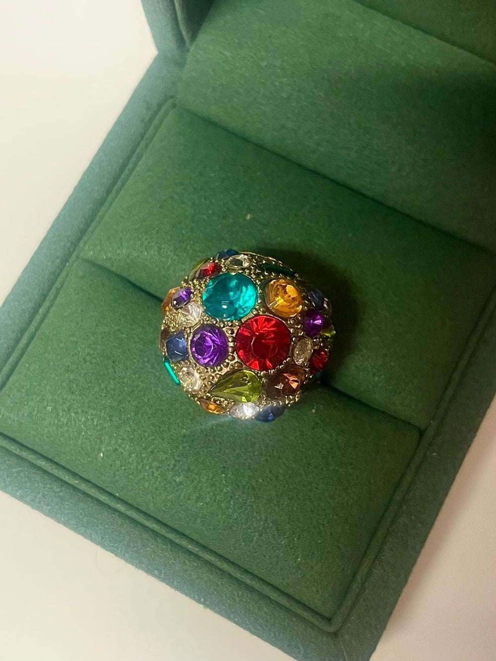 Anthropologie Gold-Tone Dome Statement Ring with Multicolored Vibrant Crystals — gold tone jewelry craftsmanship