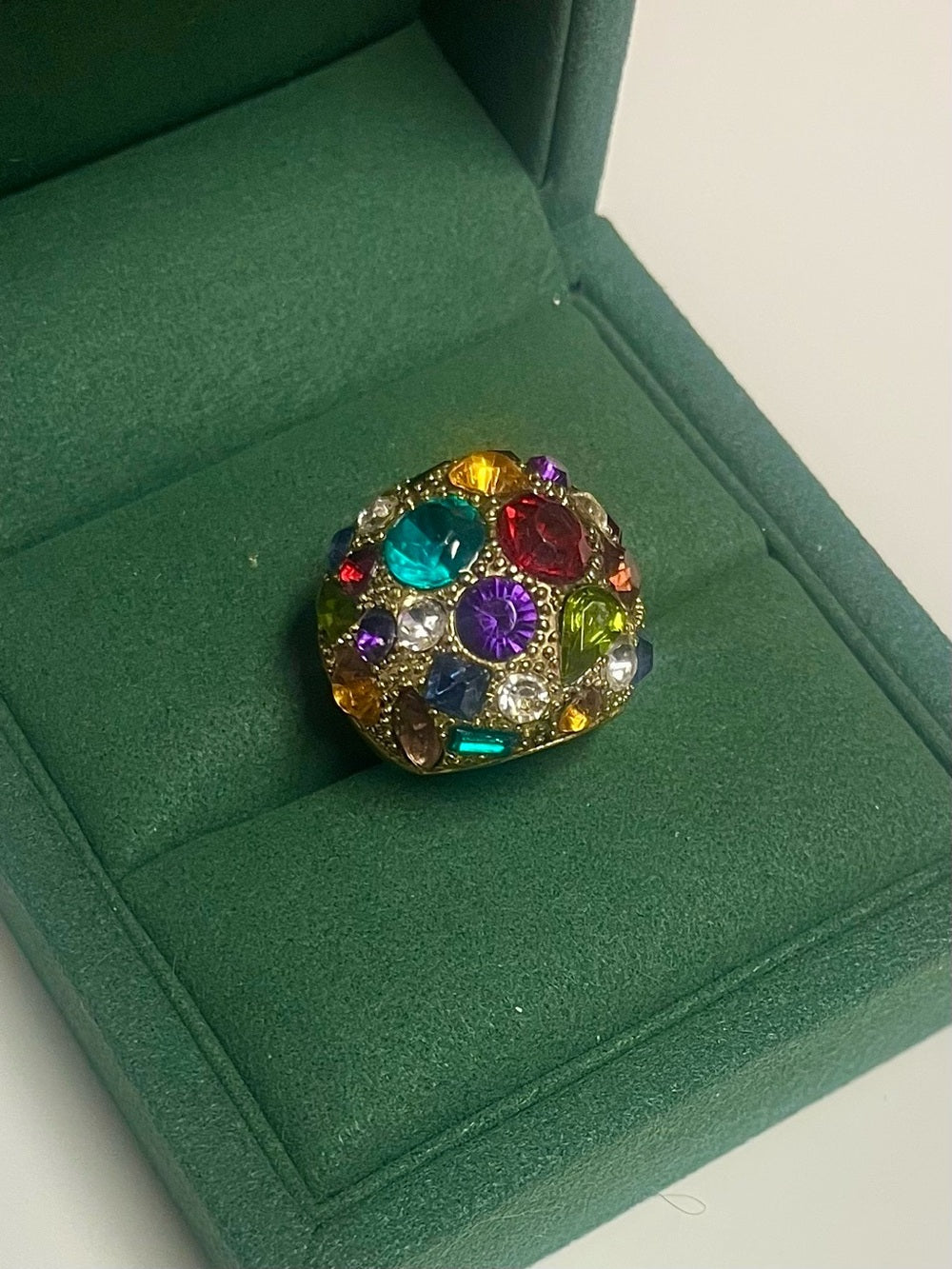 Anthropologie Gold-Tone Dome Statement Ring with Multicolored Vibrant Crystals — jewelry back setting and fastening