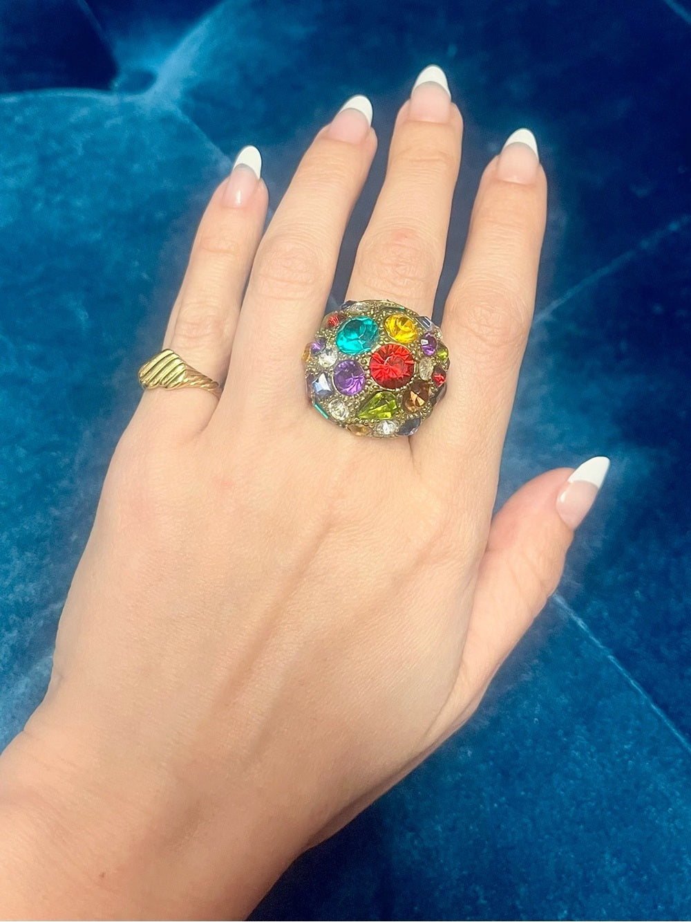 Anthropologie Gold-Tone Dome Statement Ring with Multicolored Vibrant Crystals — jewelry closure and wearable hardware
