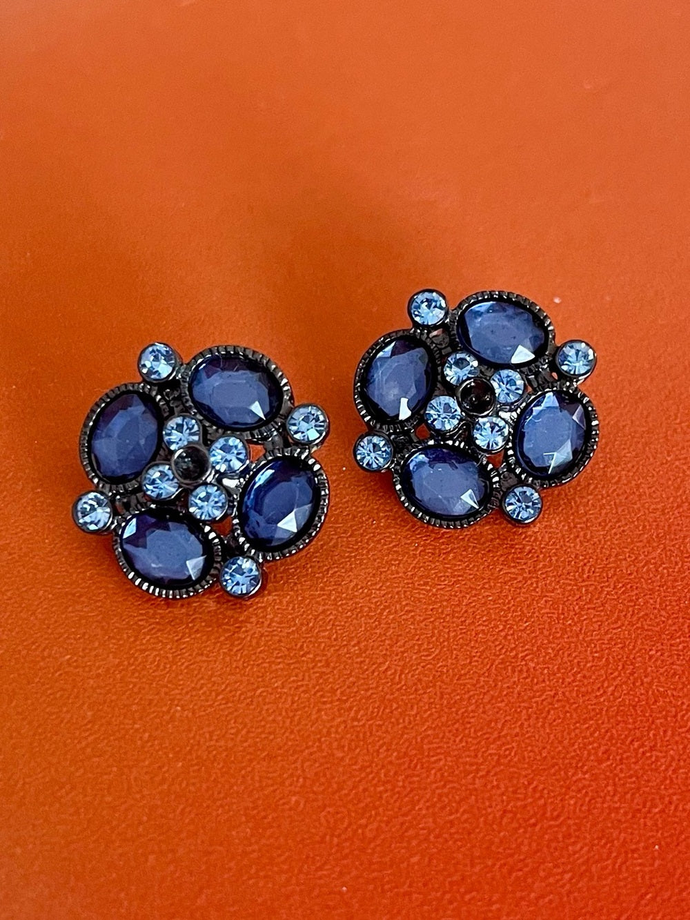 Anthropologie Navy & Blue Crystal Cluster Earrings - Missing Center Stone — designer jewelry sparkle closeup