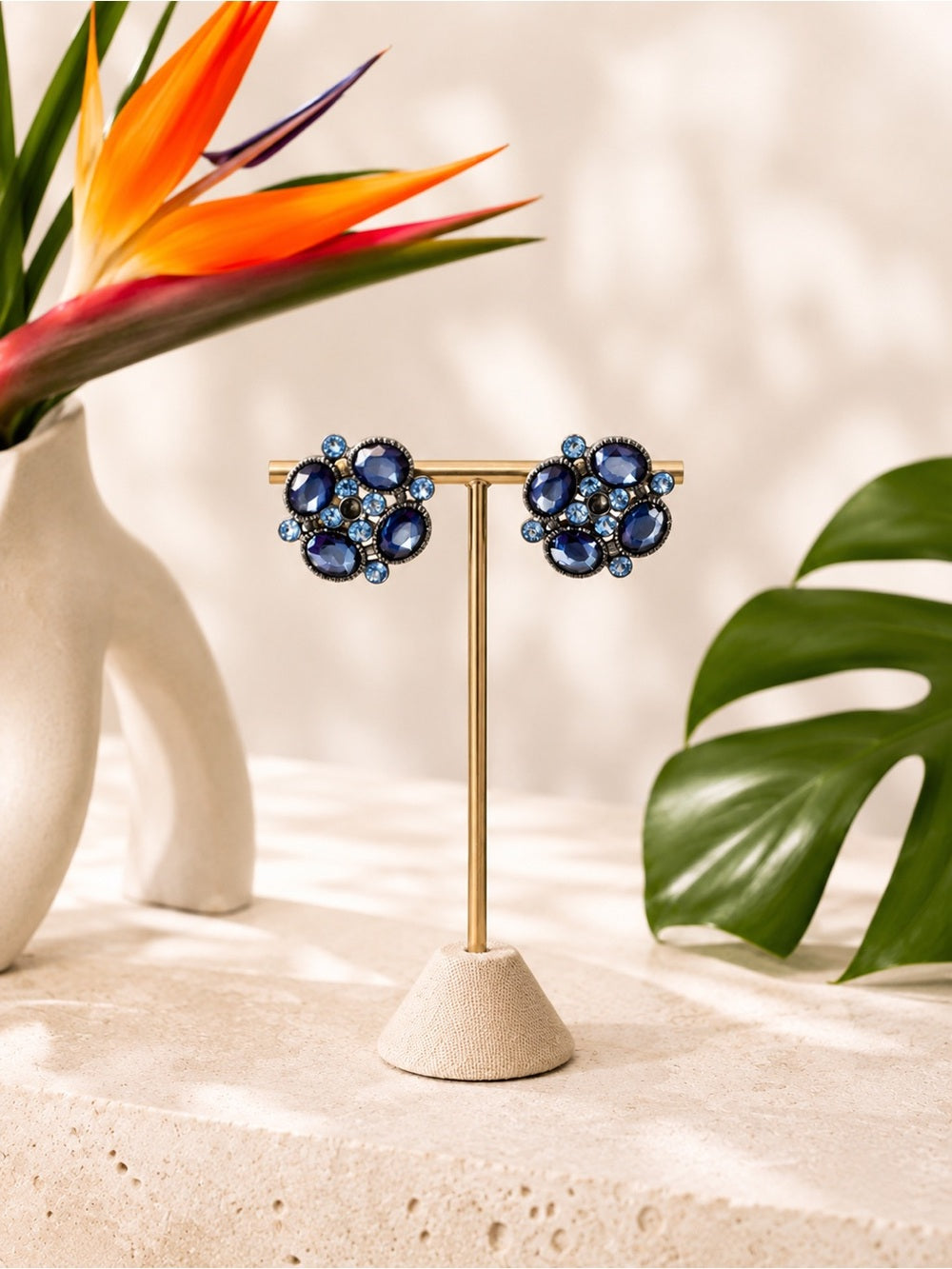 Anthropologie Navy & Blue Crystal Cluster Earrings - Missing Center Stone — statement jewelry crystal color combination